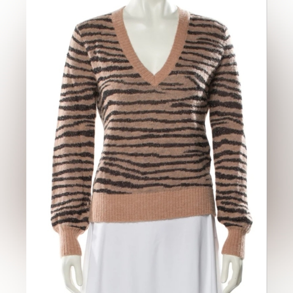 Joie Sparkly Metallic Striped V-Neck Sweater in Pink, Silver, and Black in XL